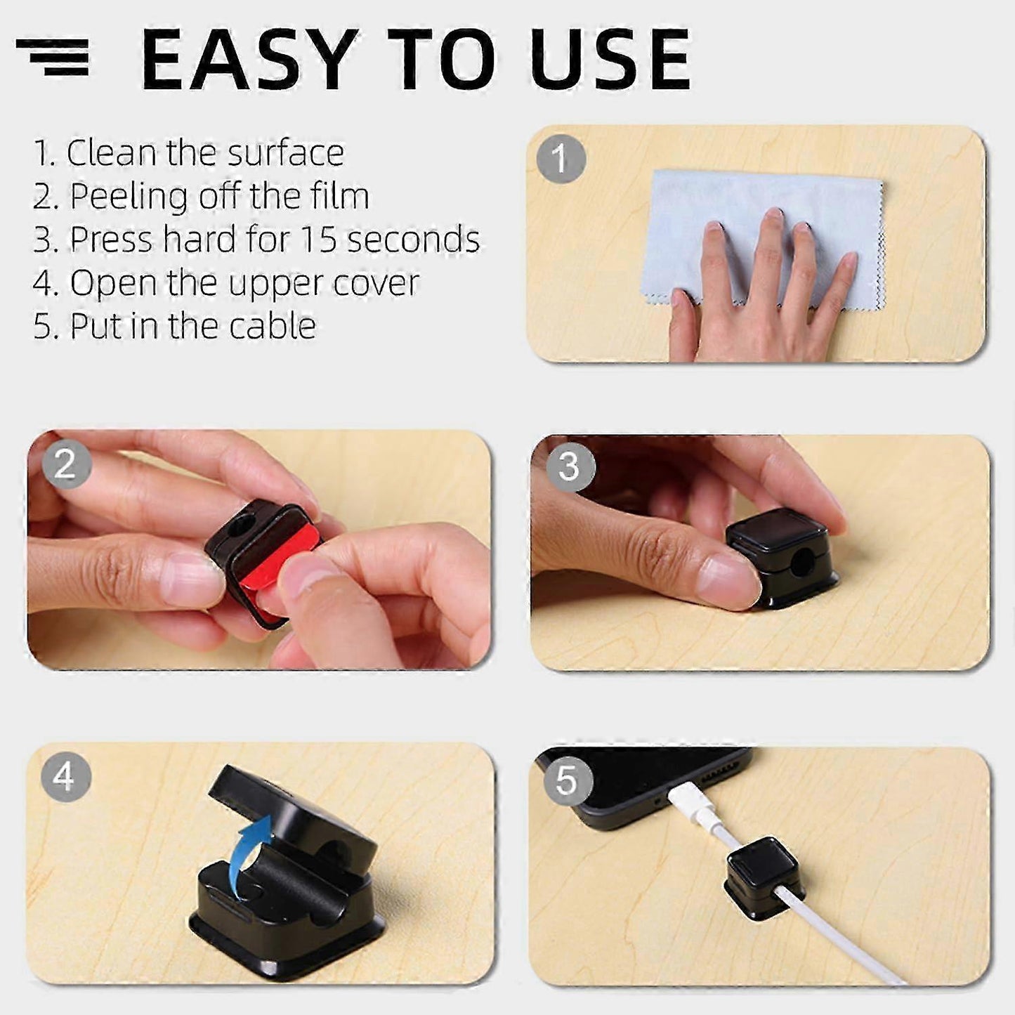 6-Pack grip Cable Clips Desk Organizer Strong Adhesive Cord Holders for Home V1263-JX-4250