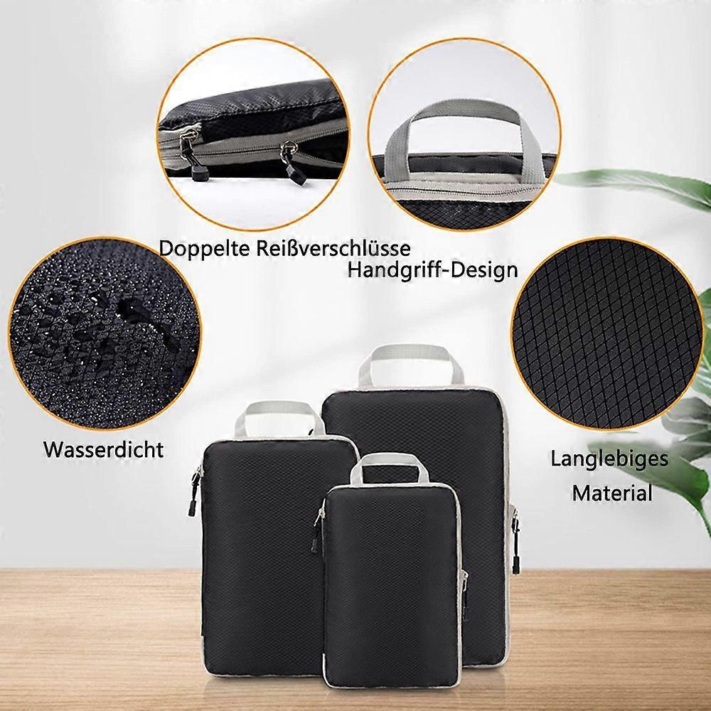 3pcs Compression Packing Cubes Suitcase Organiser Luggage Storage Bags - Black V1263-JX-4328