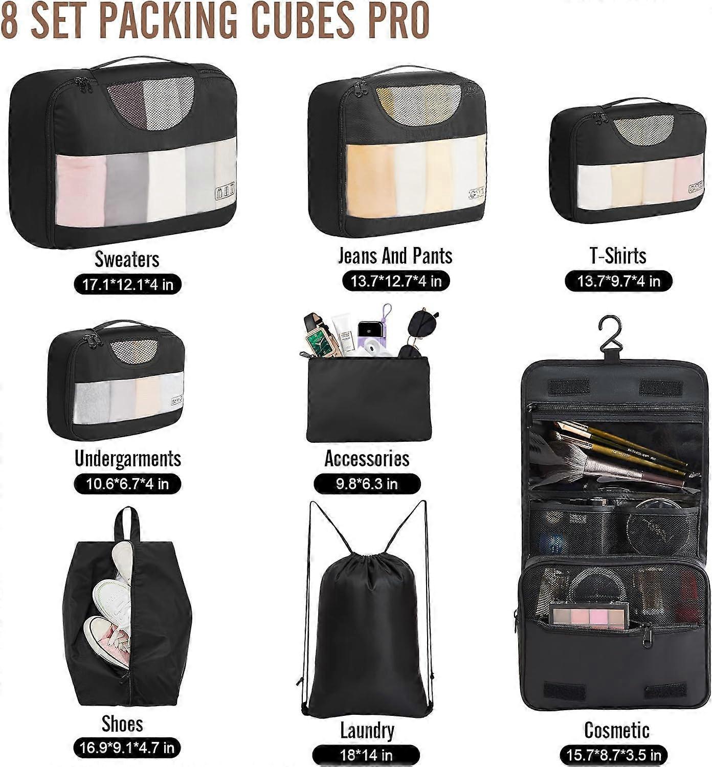 8pcs Travel Packing Cubes Set Suitcase Organizer for Travel Essentials V1263-JX-4369
