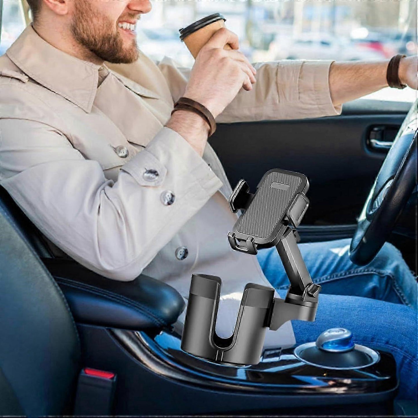 Car Cup Holder with Phone Mount - Adjustable Rotatable Expander for Cell Phone & Drink V1263-JX-4401
