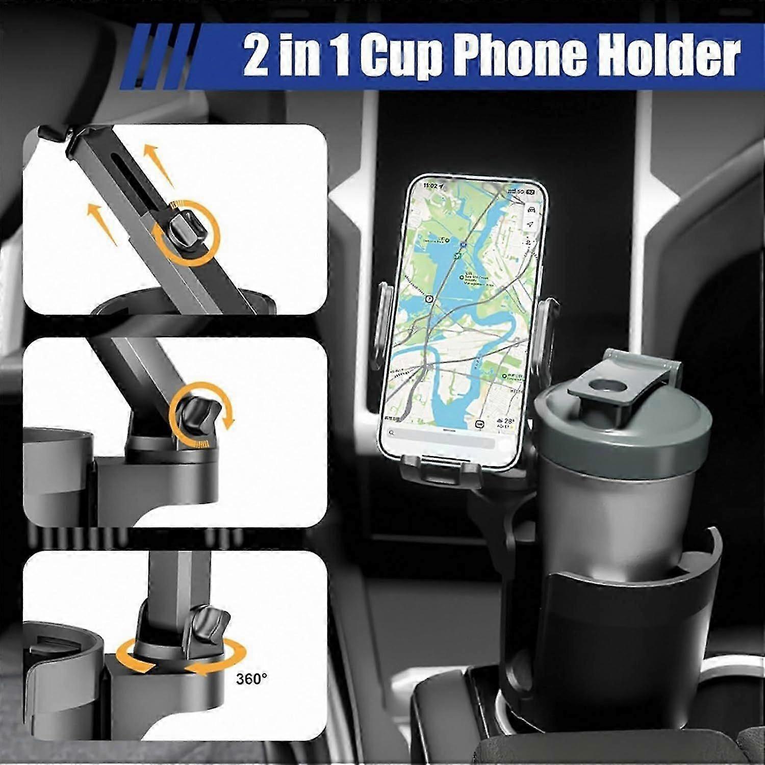 Car Cup Holder with Phone Mount - Adjustable Rotatable Expander for Cell Phone & Drink V1263-JX-4401
