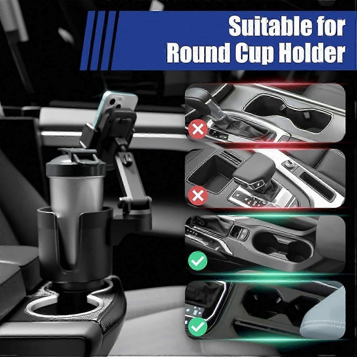 Car Cup Holder with Phone Mount - Adjustable Rotatable Expander for Cell Phone & Drink V1263-JX-4401