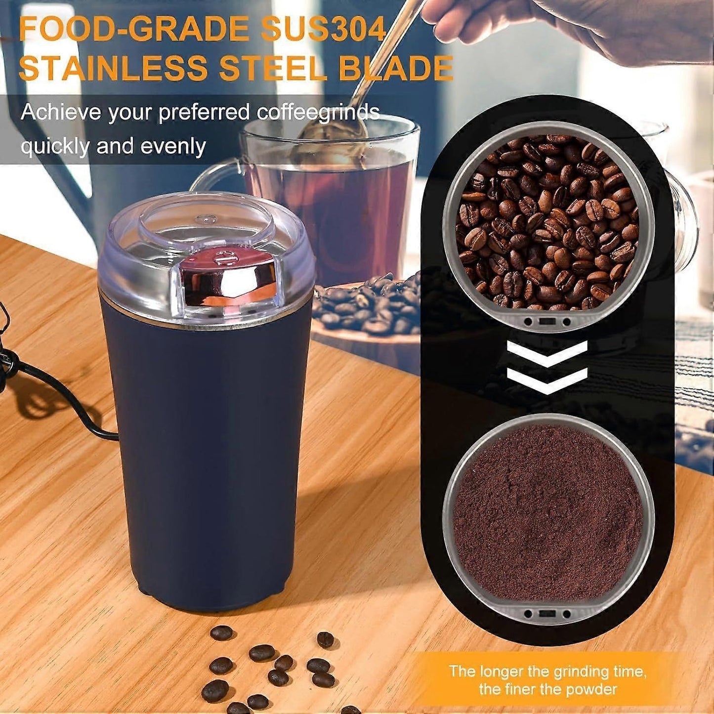 200W Electric Coffee Grinder - Stainless Steel Blades, Overheat Protection, Portable Mill V1263-JX-4458