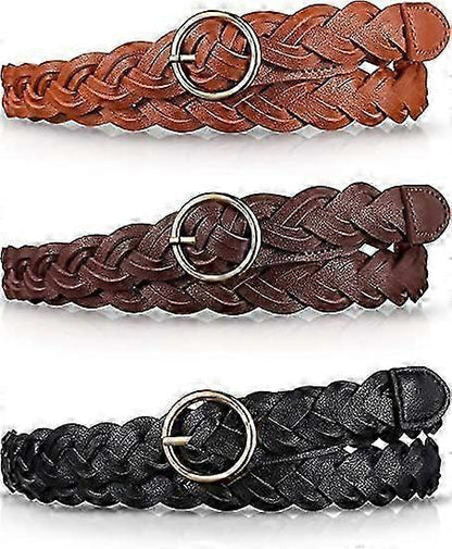 3pcs Women's Skinny Braided Leather Belts with O-Ring Buckle V1263-JX-4668