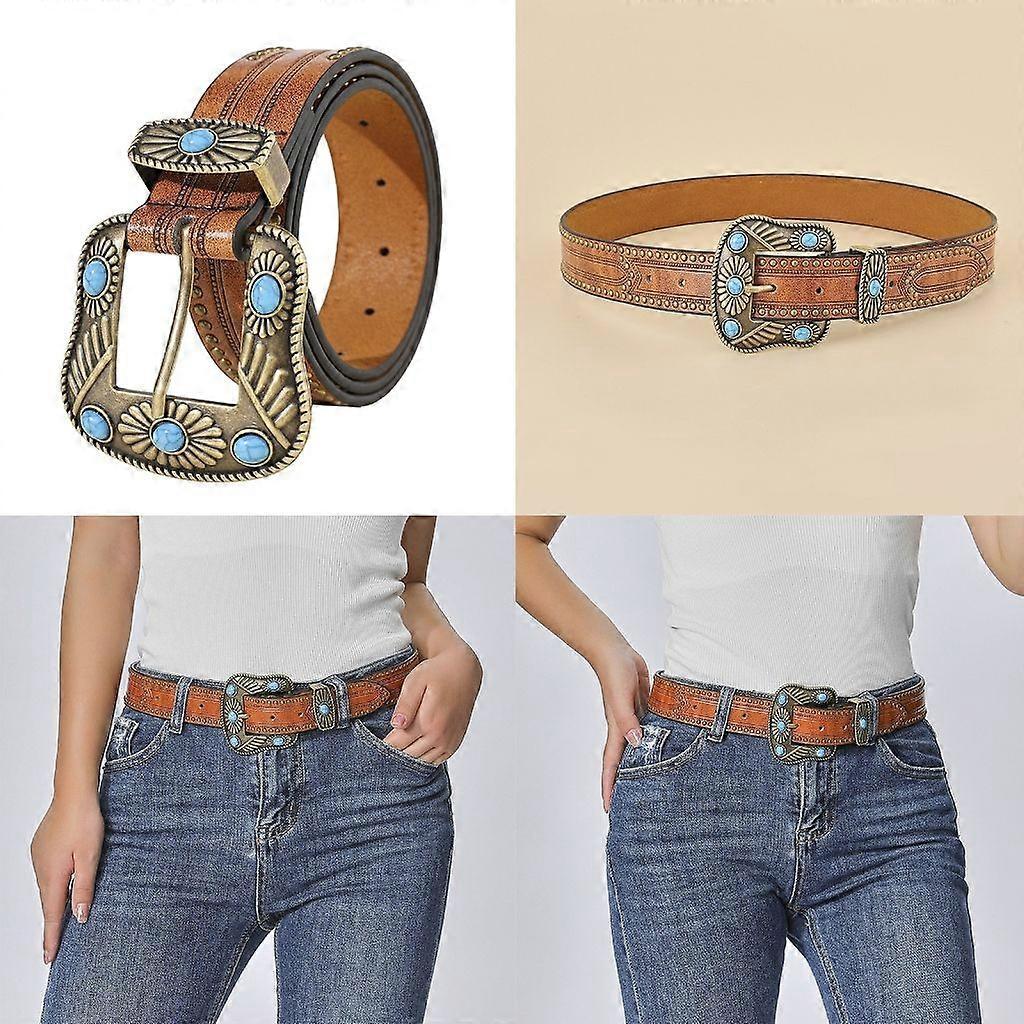 Vintage Western Leather Belt with Cowboy Turquoise Buckle V1263-JX-4670