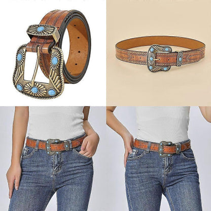 Vintage Western Leather Belt with Cowboy Turquoise Buckle V1263-JX-4670
