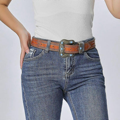 Vintage Western Leather Belt with Cowboy Turquoise Buckle V1263-JX-4670
