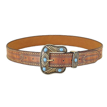 Vintage Western Leather Belt with Cowboy Turquoise Buckle V1263-JX-4670