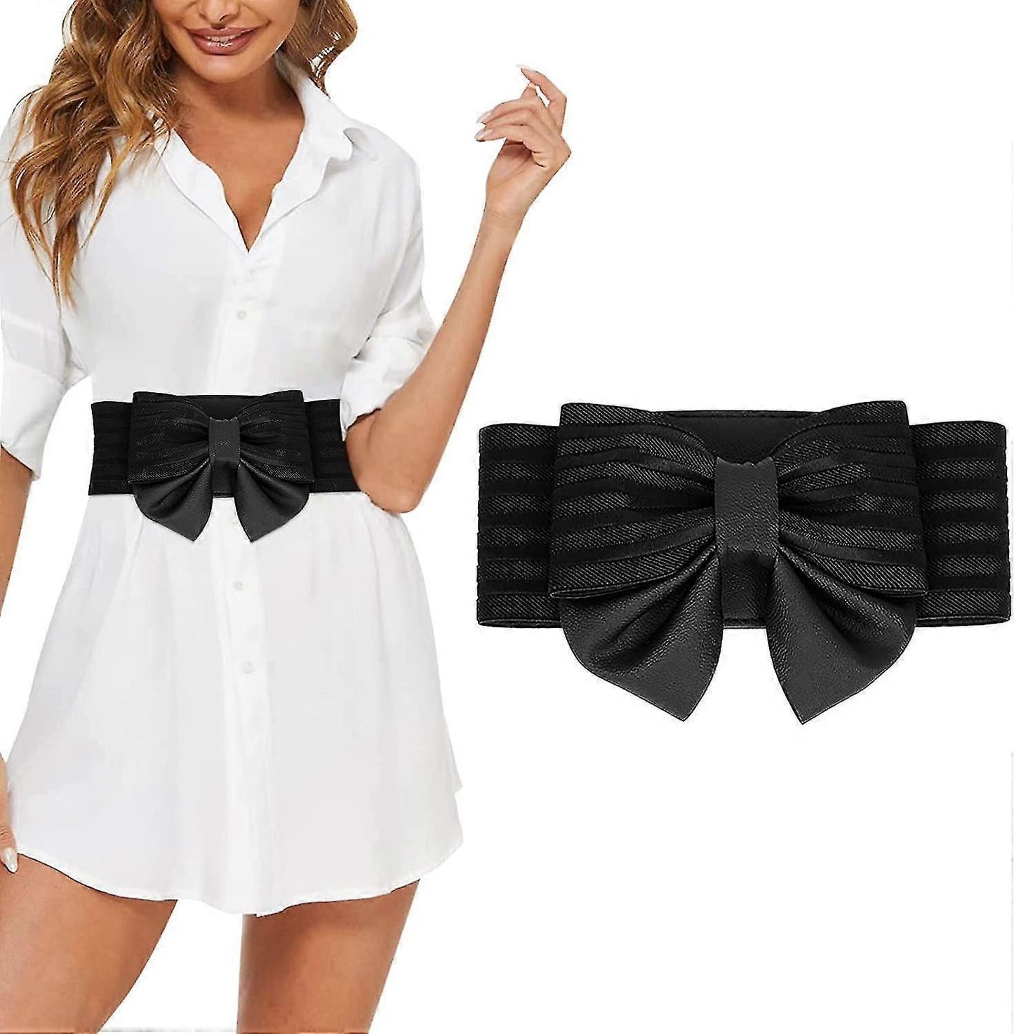 Women's Faux Leather Wide Belt with Bow, Elastic Waistband V1263-JX-4675