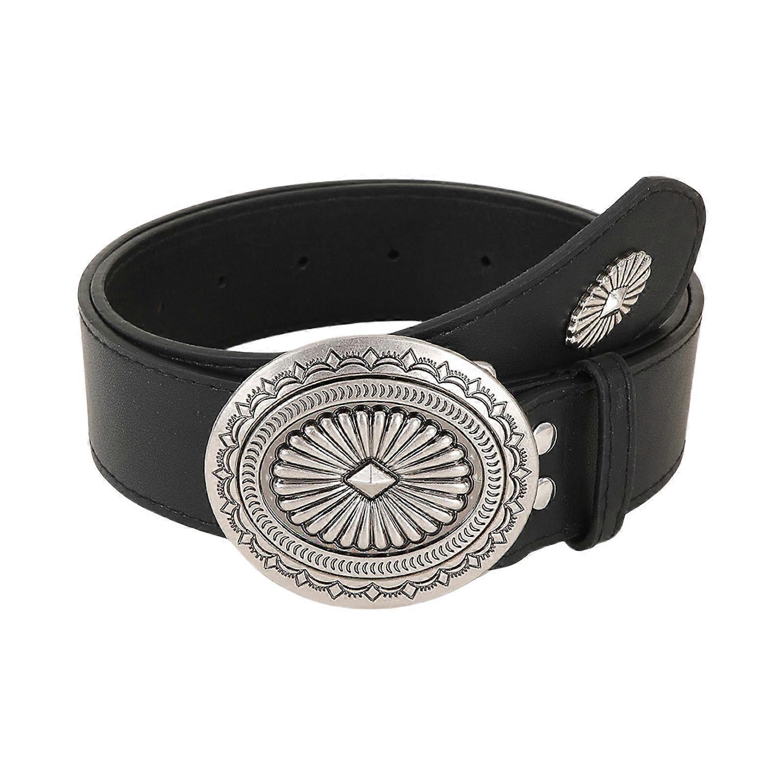 Vintage Adjustable Leather Wide Belt, Western Style with Aluminum Buckle Black V1263-JX-4686