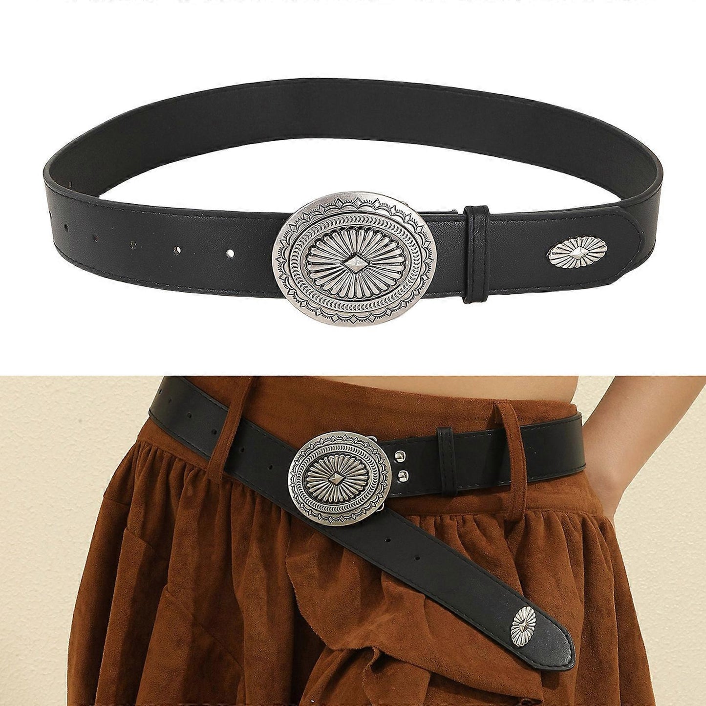 Vintage Adjustable Leather Wide Belt, Western Style with Aluminum Buckle Black V1263-JX-4686