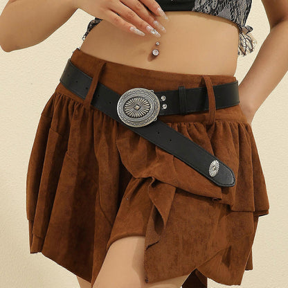 Vintage Adjustable Leather Wide Belt, Western Style with Aluminum Buckle Black V1263-JX-4686