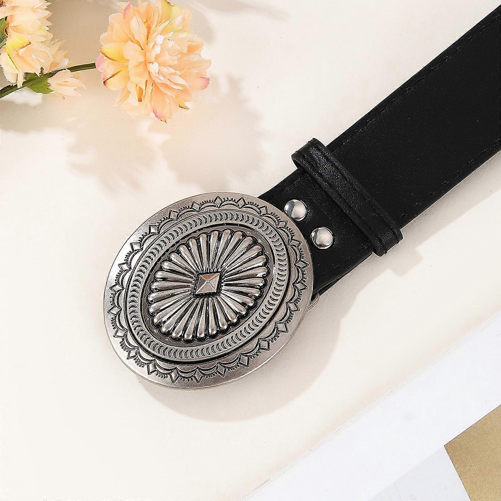 Vintage Adjustable Leather Wide Belt, Western Style with Aluminum Buckle Black V1263-JX-4686