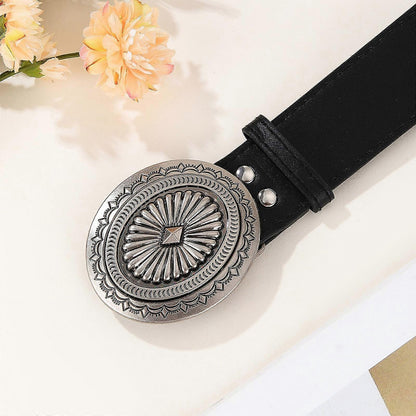 Vintage Adjustable Leather Wide Belt, Western Style with Aluminum Buckle Black V1263-JX-4686