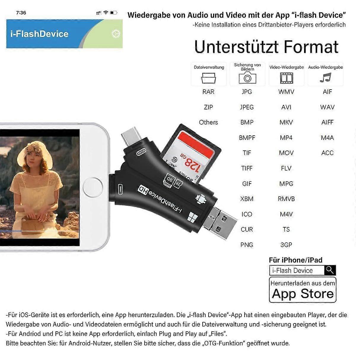 4-in-1 Mobile Phone Card Reader, TF/SD Memory Card Storage Adapter for Data Transfer V1263-JX-4730