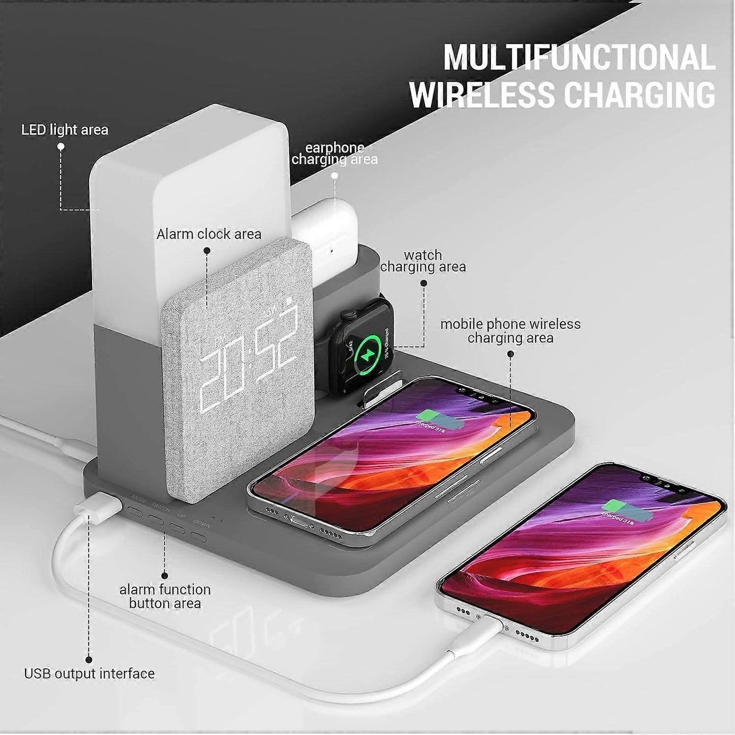 3-in-1 Wireless Charging Station with Alarm Clock V1263-JX-5005