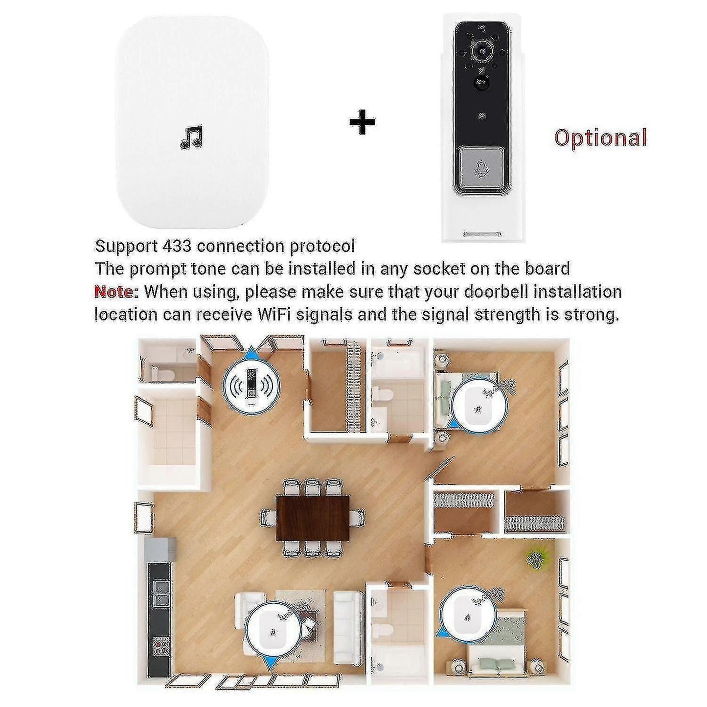 Ring Doorbell Wireless Chime Plug-In, Smart Video Doorbell Prompt Voice V1263-JX-5046