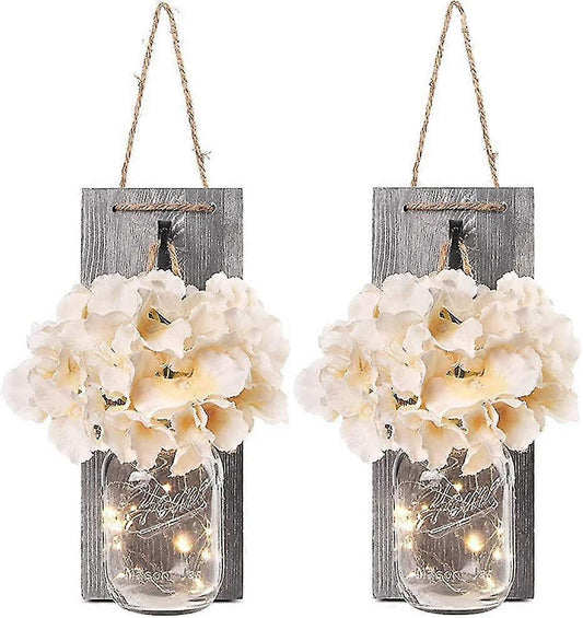 Rustic Mason Jar LED String Lights with Silk Hydrangea, Set of 2 V1263-JX-5075
