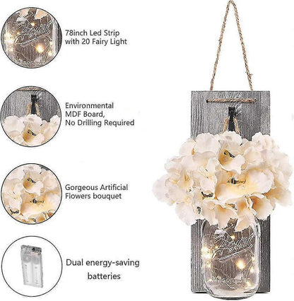 Rustic Mason Jar LED String Lights with Silk Hydrangea, Set of 2 V1263-JX-5075