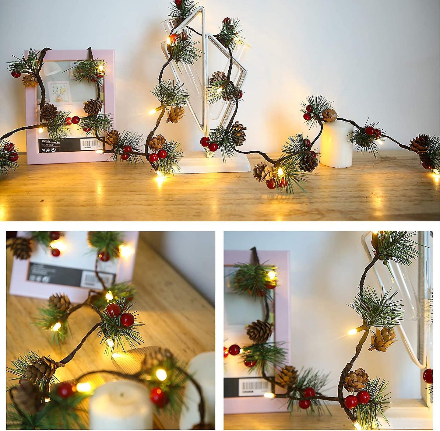 3M 30 LED Pinecone String Lights, Battery Powered, Xmas Red Berries Decor (2 Pack) V1263-JX-5088