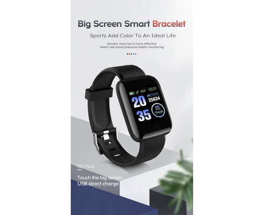 116Plus Sports Android IOS Bluetooth Touch Water Resistant Screen Fitness Tracker Smart Wrist Bracelet - Black V1263-JX-509