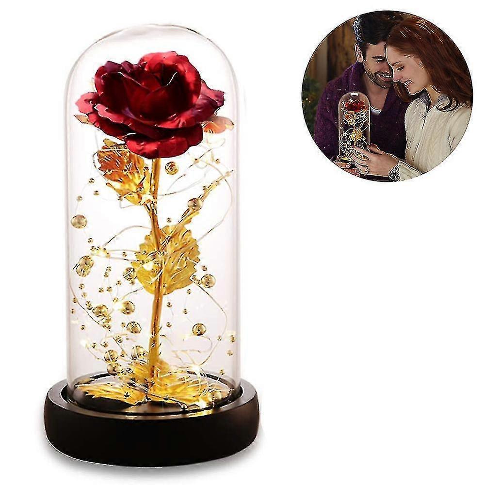 Silk Rose Gold Foil Leaf LED String Lights on Glass Dome with Wooden Base V1263-JX-5093