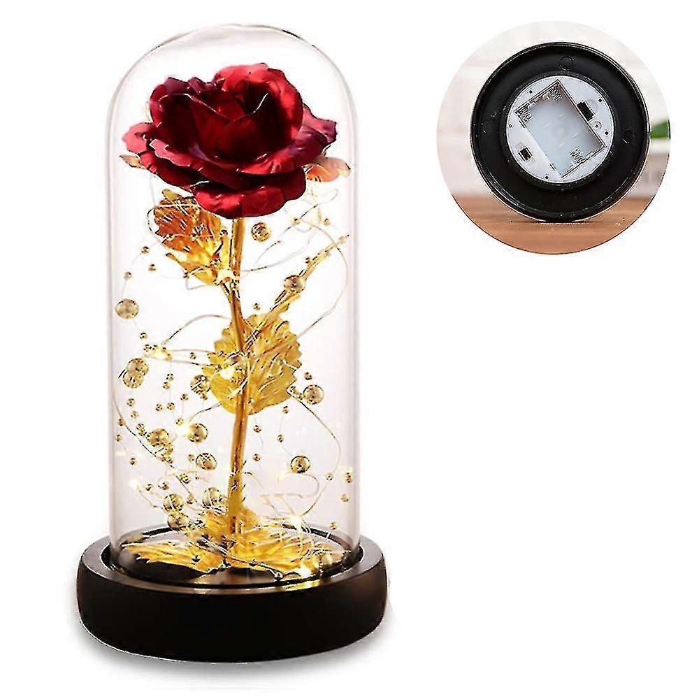 Silk Rose Gold Foil Leaf LED String Lights on Glass Dome with Wooden Base V1263-JX-5093