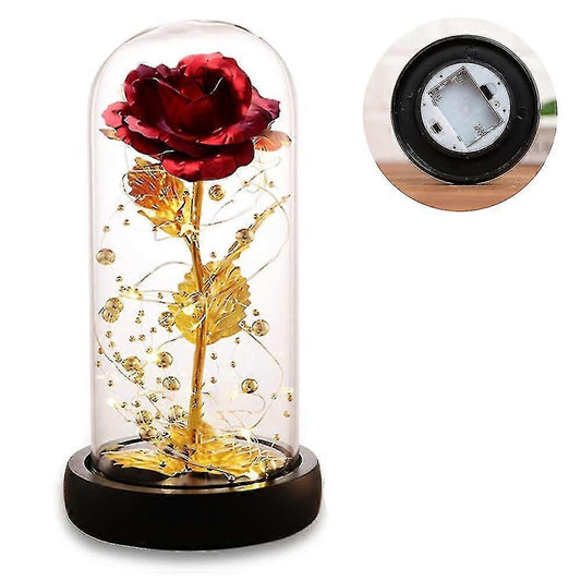 Silk Rose Gold Foil Leaf LED String Lights on Glass Dome with Wooden Base V1263-JX-5093