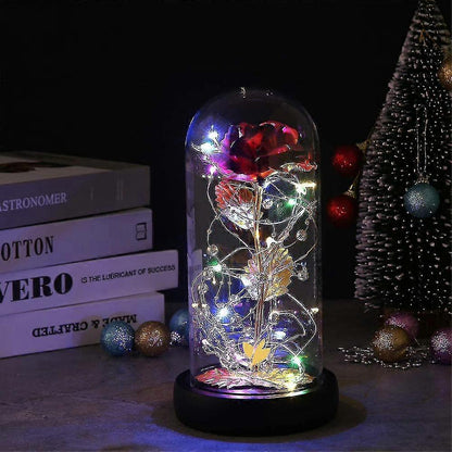 Silk Rose Gold Foil Leaf LED String Lights on Glass Dome with Wooden Base V1263-JX-5093