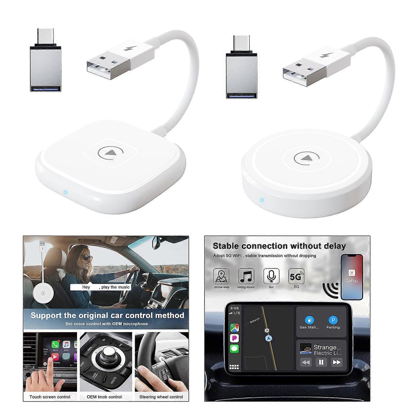 Lightweight Wireless CarPlay Adapter, Portable Wired to Wireless Converter V1263-JX-5115