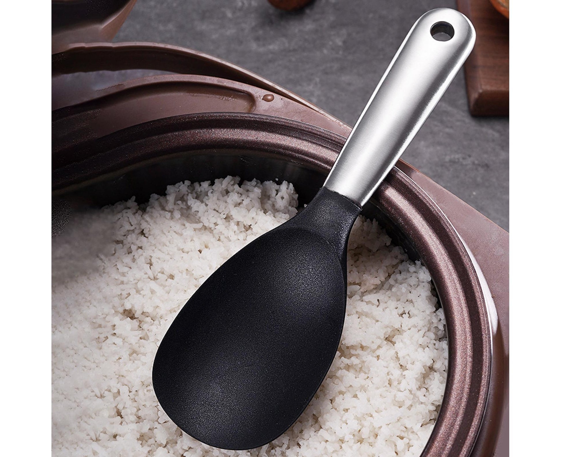 Scoop Thickened Anti-slip Stainless Steel Practical Rice Spoon for Kitchen-Black V1263-JX-517