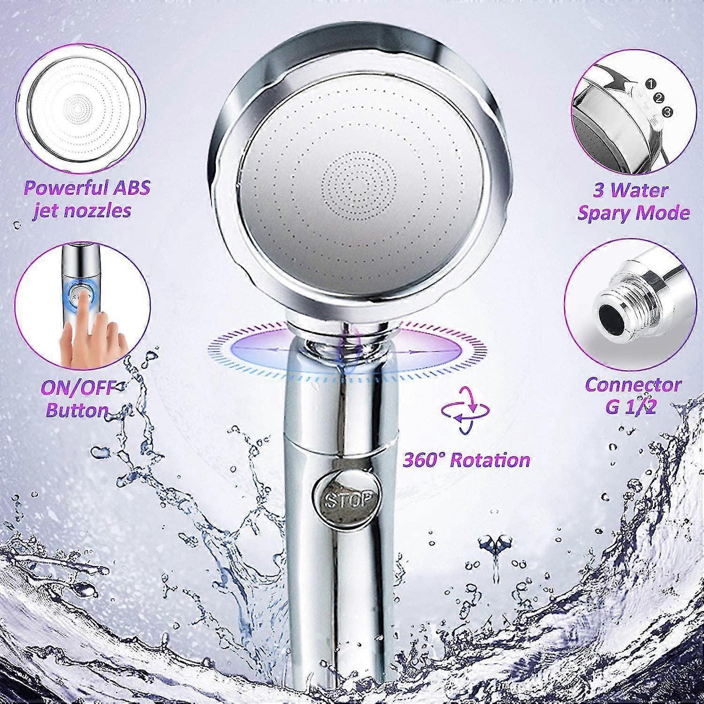 Handheld Pressure Shower Head, 3 Jet Functions, Water Saving Set V1263-JX-5188