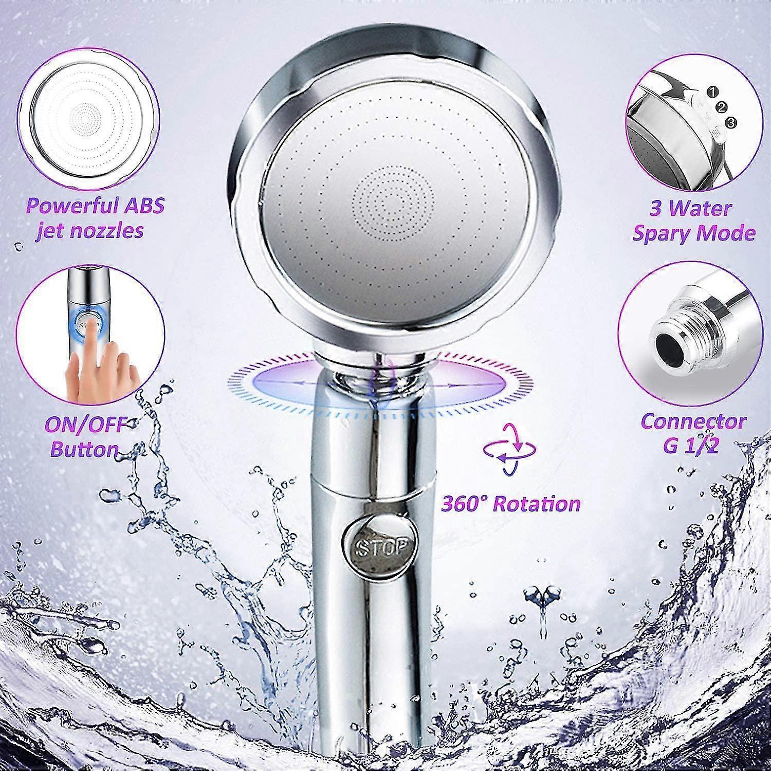 Handheld Pressure Shower Head, 3 Jet Functions, Water Saving Set V1263-JX-5188