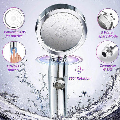 Handheld Pressure Shower Head, 3 Jet Functions, Water Saving Set V1263-JX-5188