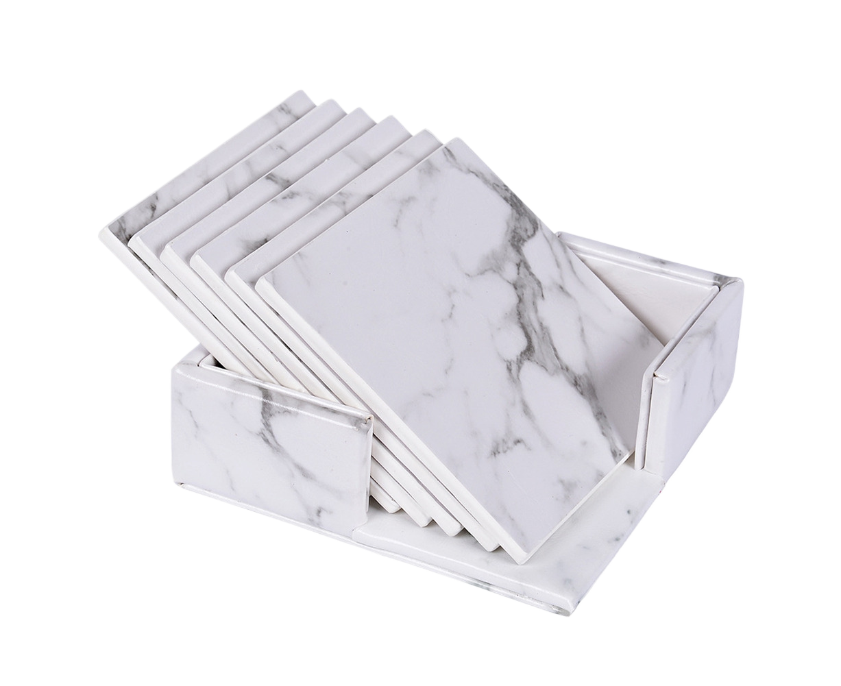 6Pcs Faux Leather Marble Coasters Cup Mat Pad Holder Placemat Dining Table Decor- G V1263-JX-519