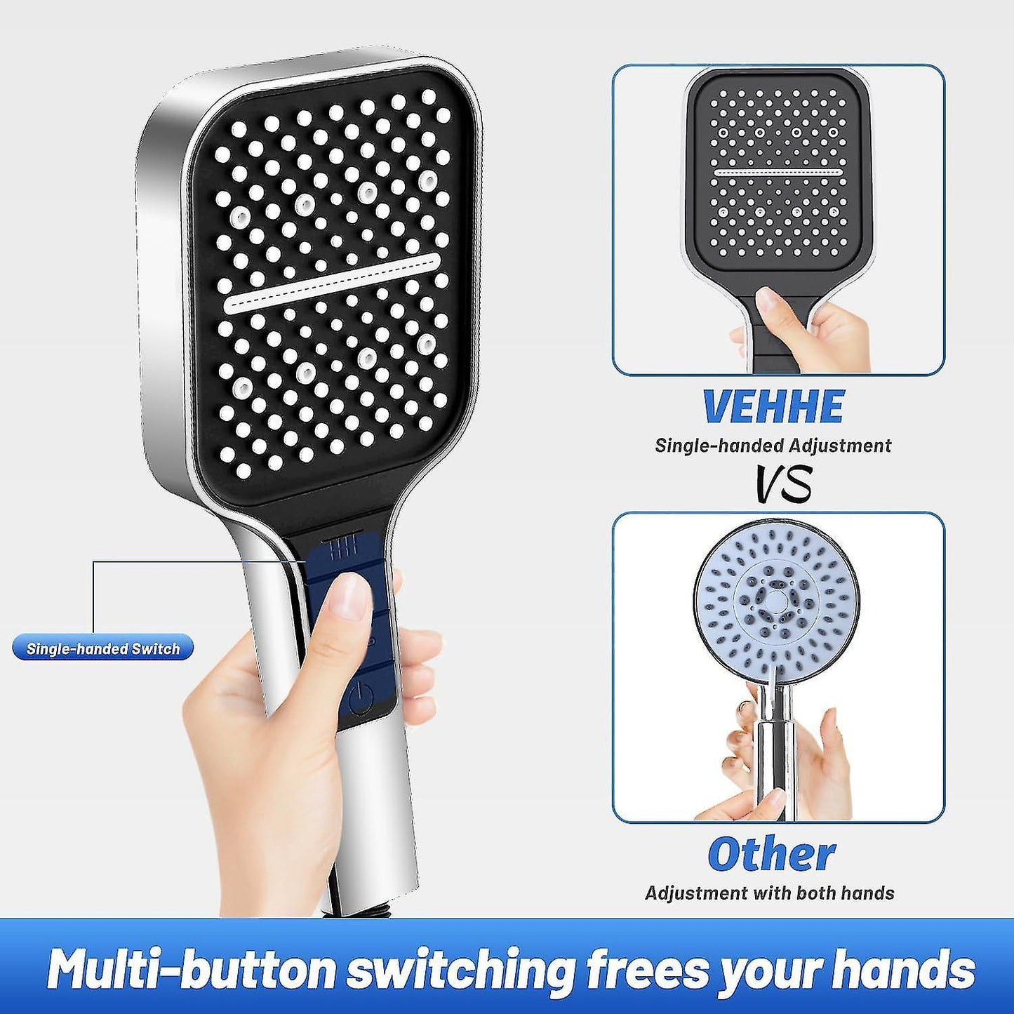 Square Handheld Shower Head, 7 Spray Modes, Adjustable Universal V1263-JX-5193