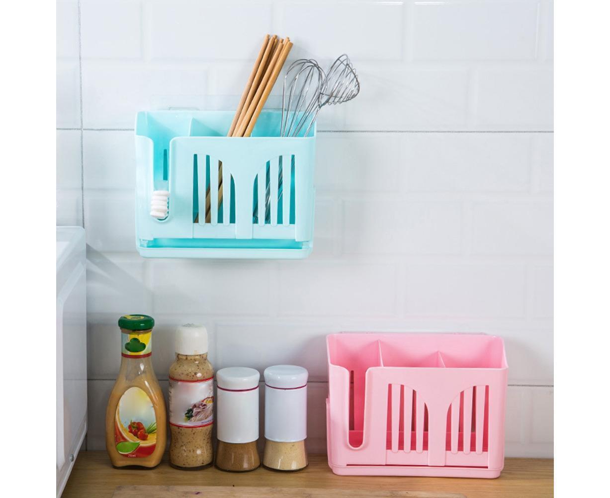 Home Chopsticks Cage Wall-mounted Drain Storage Rack Fork Knife Spoon Holder-Beige V1263-JX-527
