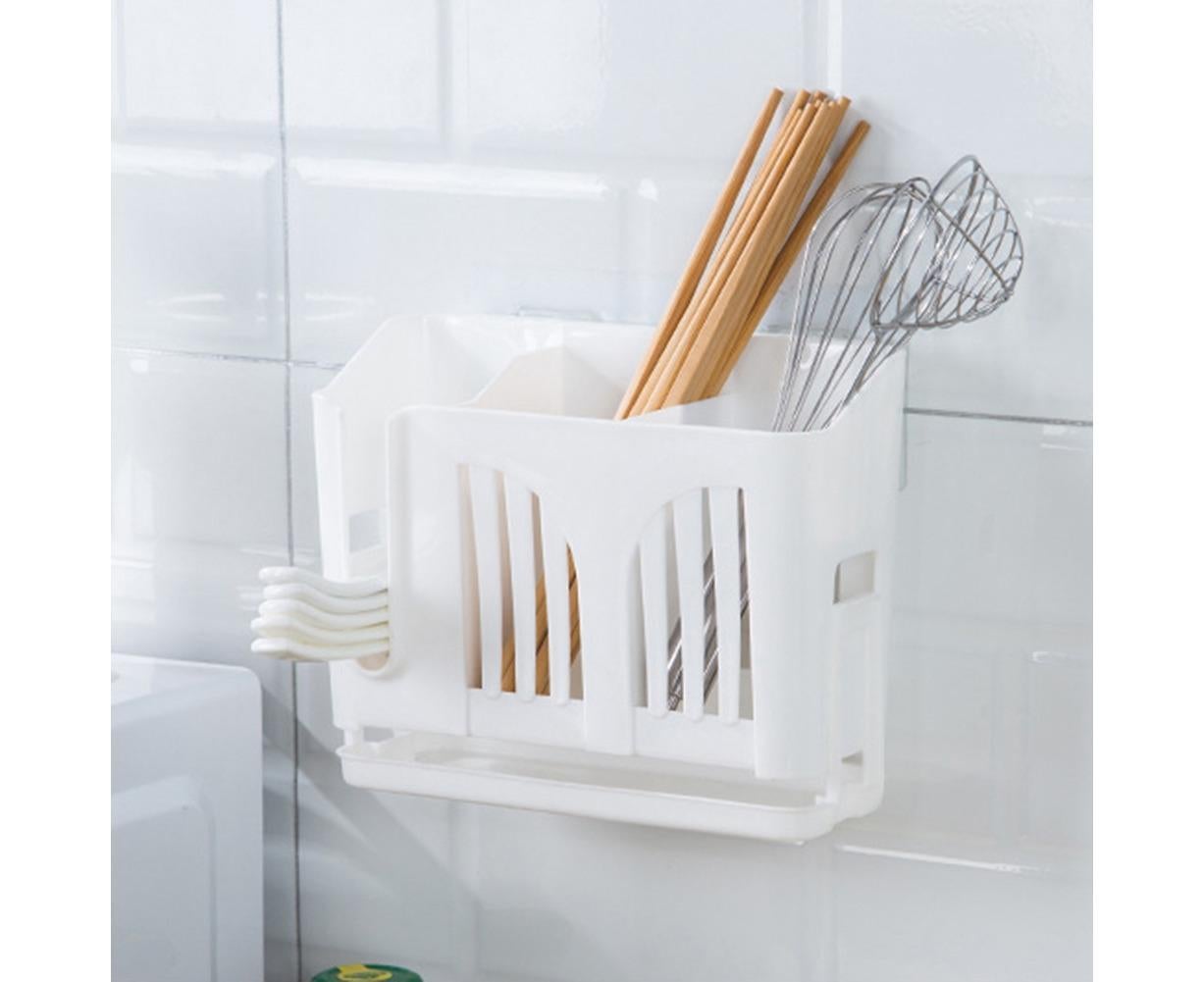 Home Chopsticks Cage Wall-mounted Drain Storage Rack Fork Knife Spoon Holder-Beige V1263-JX-527