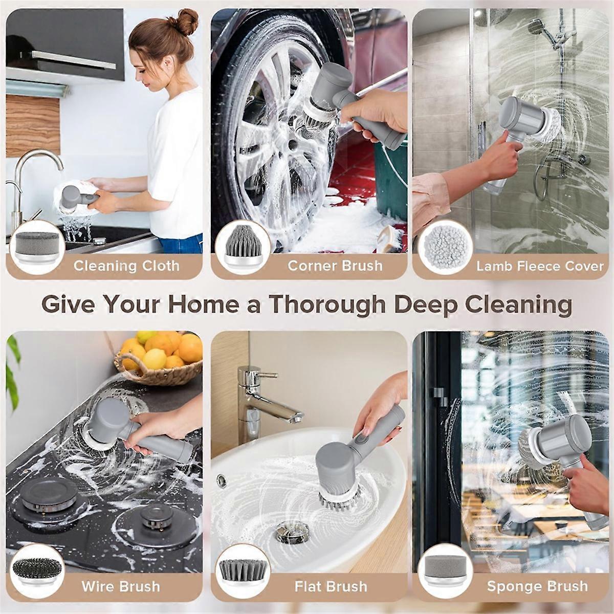 Electric Cleaning Brush with 6 Attachments, Rechargeable Scrubber V1263-JX-5308