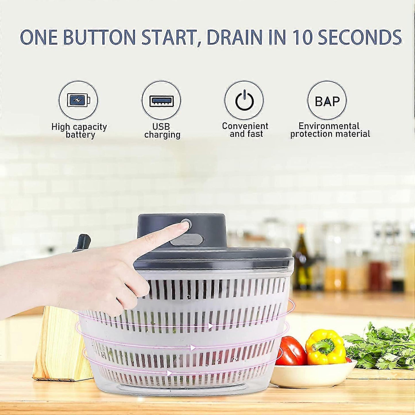 Automatic Electric Salad Spinner, Rechargeable Quick Lettuce Dryer V1263-JX-5381