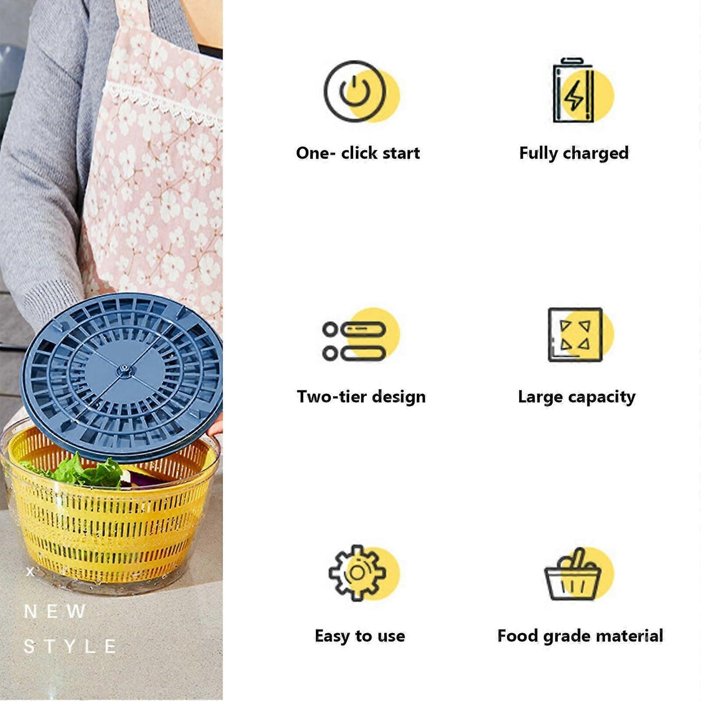Large Electric Salad Spinner, Yellow Multi-Use Lettuce Dryer Easy Clean V1263-JX-5387