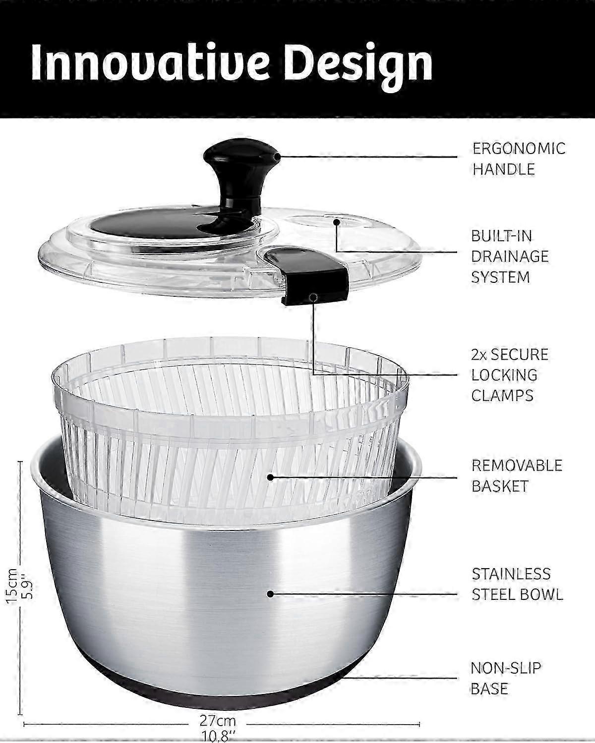 Large Stainless Steel Salad Spinner Easy Compact Kitchen Tool V1263-JX-5408