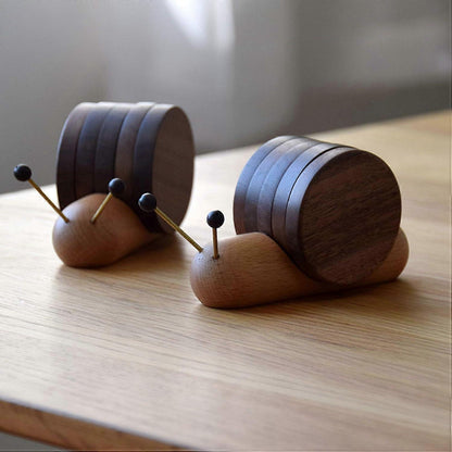 Round Wooden Coaster Set Funny Snail Shape Black Walnut V1263-JX-5416