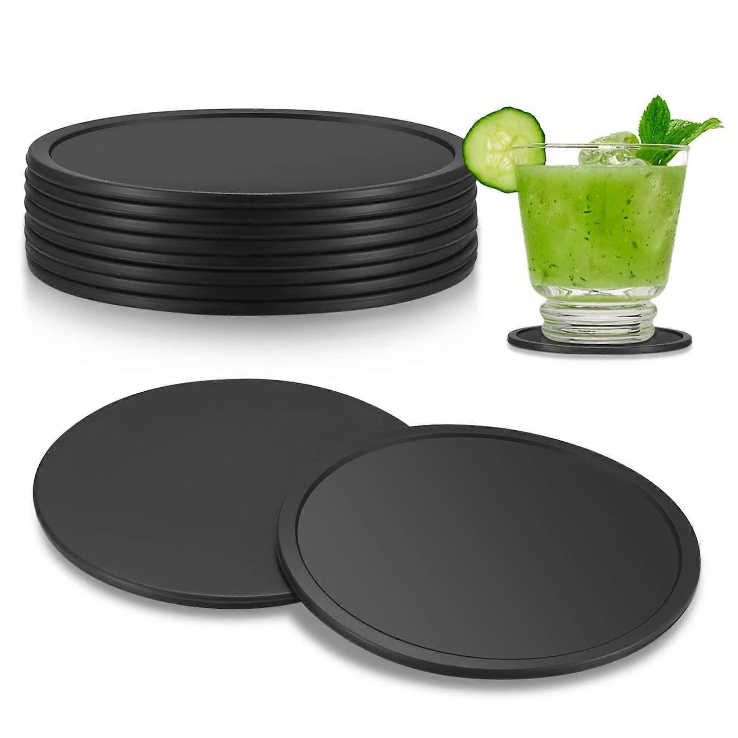 8pcs Round Black Silicone Drink Coasters for Glasses Cups V1263-JX-5430