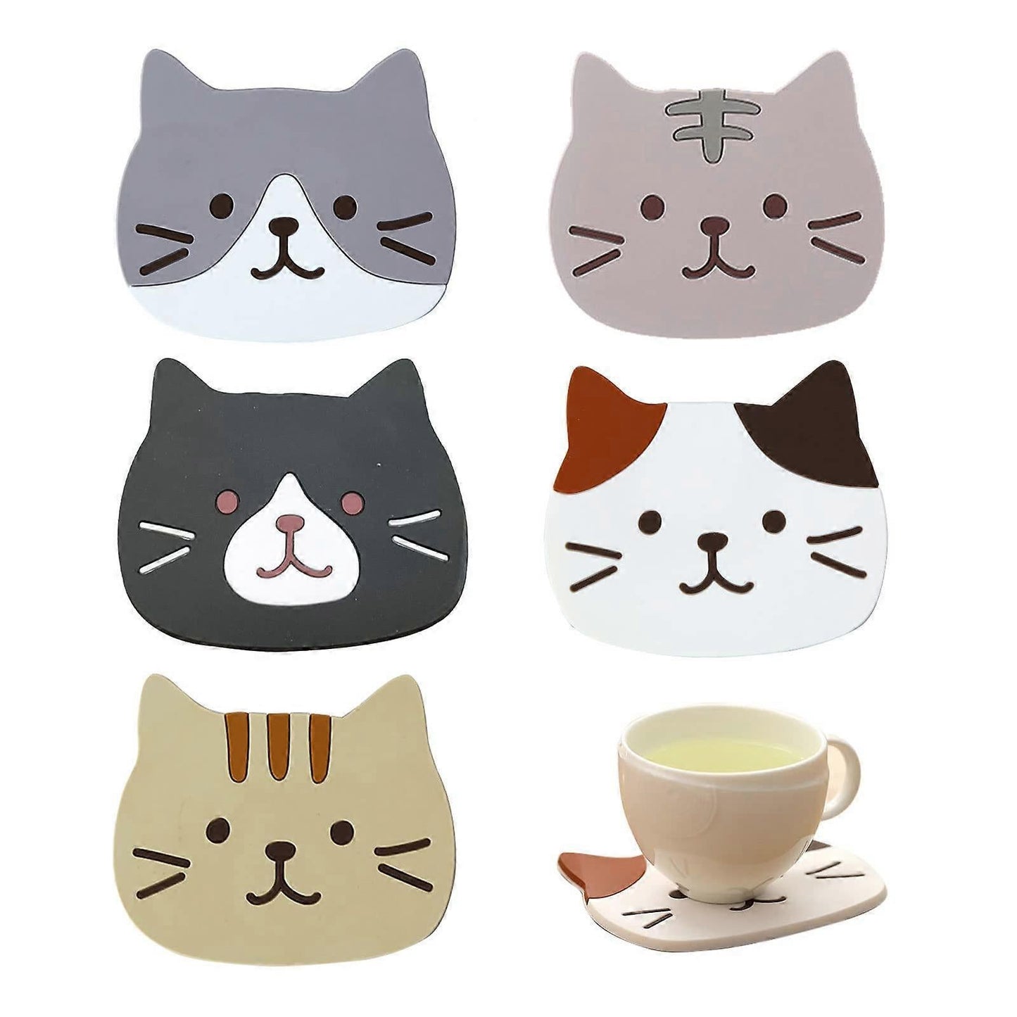 5pcs Cute Cartoon Cat Silicone Drink Coasters Decorative Table Coasters V1263-JX-5444