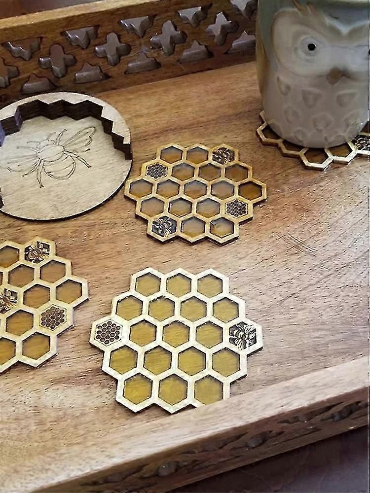 4pcs Wooden Hexagon Honeycomb Drink Coasters Set V1263-JX-5451