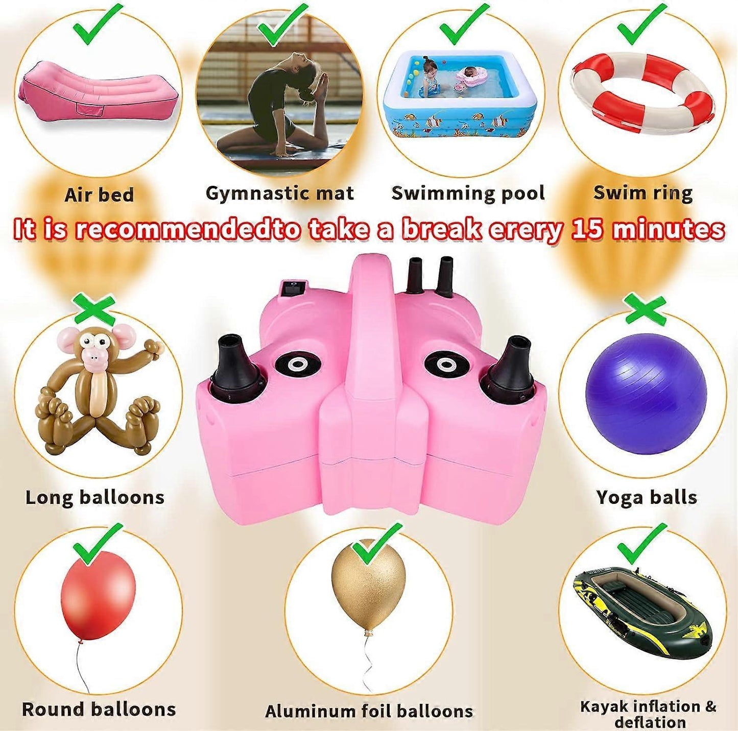 Electric Balloon Pump Double Nozzle Air Inflator for Balloons & Inflatable Beds V1263-JX-5523