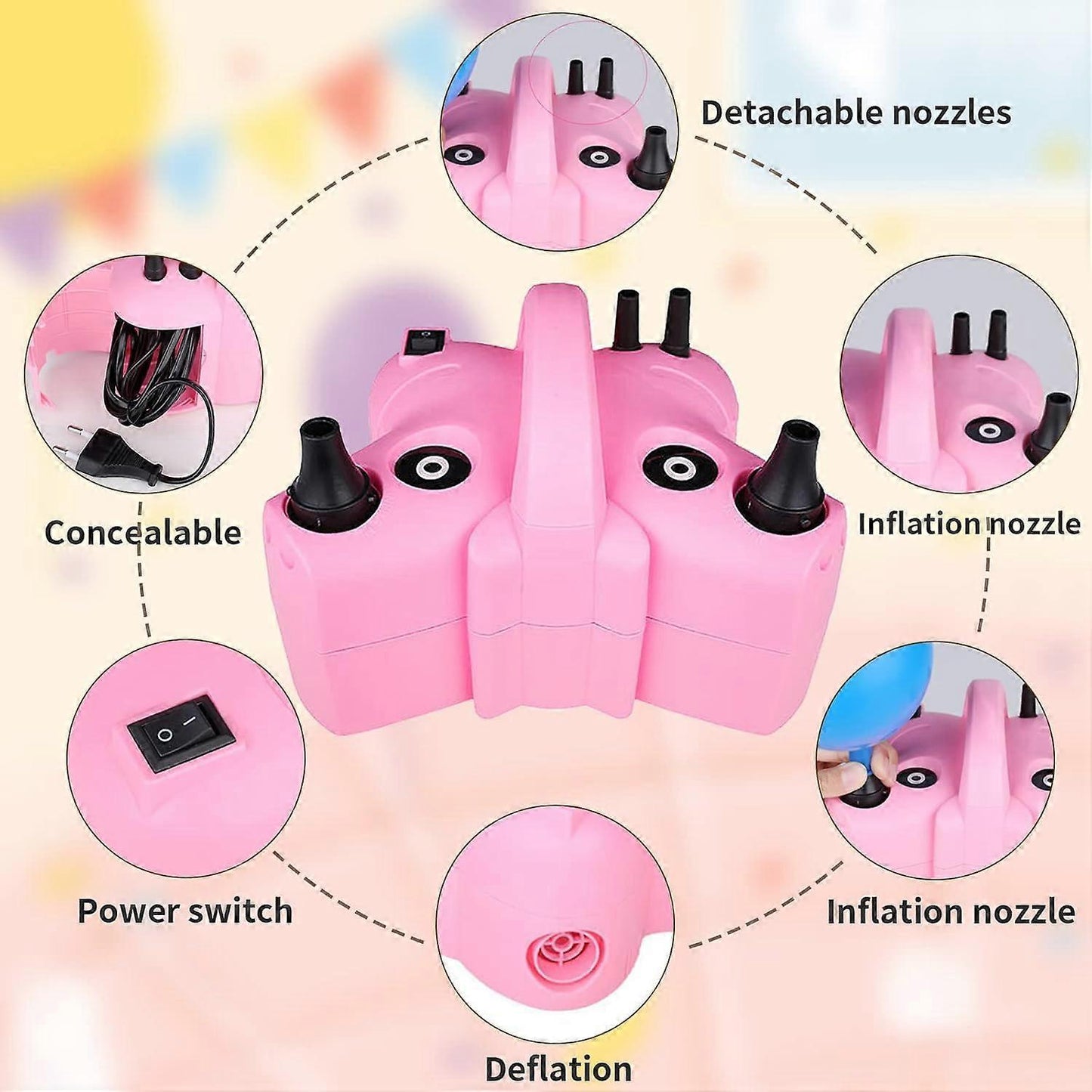 Electric Balloon Pump Double Nozzle Air Inflator for Balloons & Inflatable Beds V1263-JX-5523
