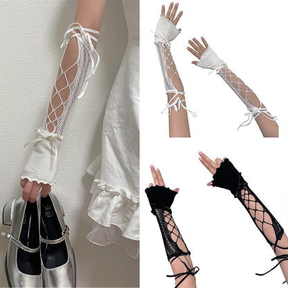 2000s Hollow Lace Up Arm Sleeves Summer Cooling Fashion White V1263-JX-5645