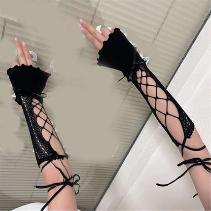 2000s Hollow Lace Up Arm Sleeves Summer Cooling Fashion White V1263-JX-5645